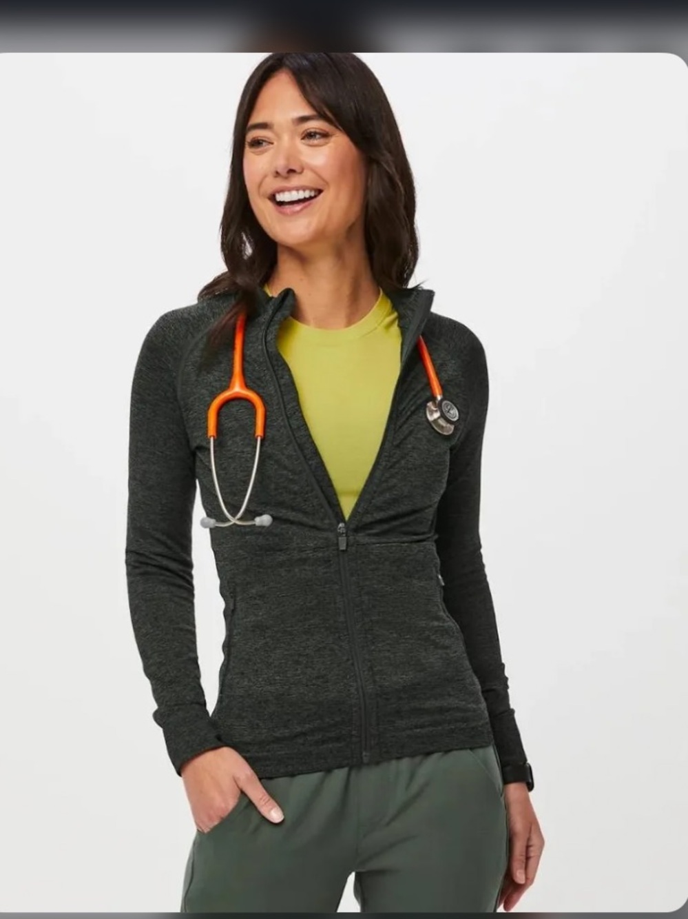 FIGS Womens Women’s Salta Seamless Full Zip Moss Heather Green XS